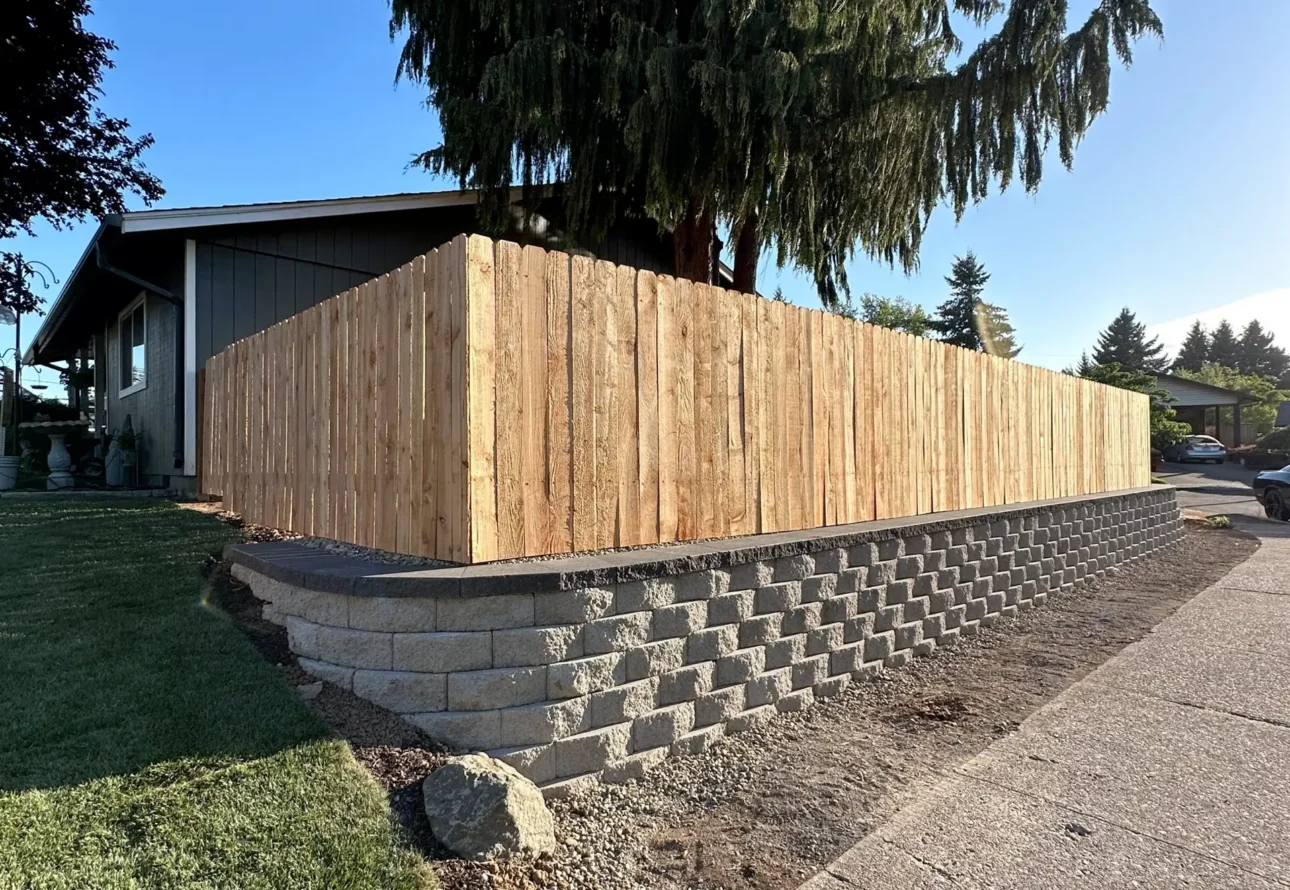 Professional fence installation on top of a block retaining wall for improved privacy and curb appeal